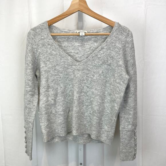 SUNDANCE  Size S Pointelle Wave Knit Button Cuff Sweater V-Neck Wool Blend Gray - Picture 1 of 9